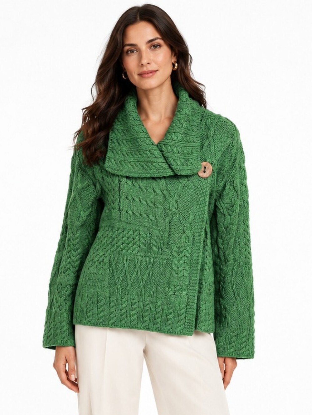 Carraig Donn Emerald Green 100% Merino Wool Cowl Neck Patchwork Cardigan Sz XS